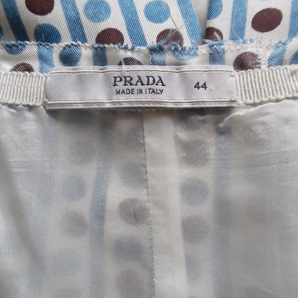 Prada Silk Polka Dot Logo Pencil Brown Blue White Raw hem Silk Midi Skirt Medium - Picture 8 of 10